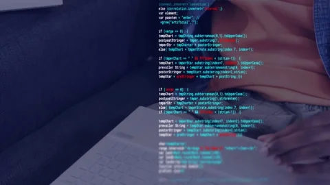 Man finishing notes on sofa, reaching for laptop as composited code appearing, Stock Footage 333924978