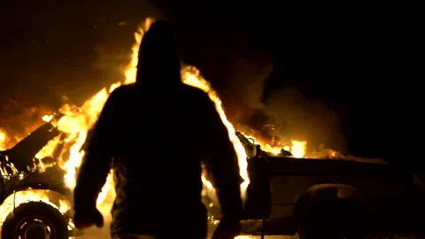 Man On Fire. The Burning Driver. Car Explosion. Stuntman. Slow Motion Video stock 87558671