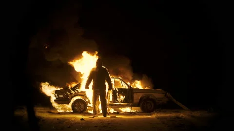 Man On Fire. The Burning Driver. Car Explosion. Stuntman. Slow Motion Stock Footage 89408386