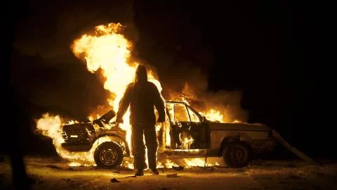 Man On Fire. The Burning Driver. Car Explosion. Stuntman. Stock Photos