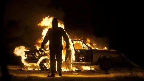 Man On Fire. The Burning Driver. Car Explosion. Stuntman. Stock Photos