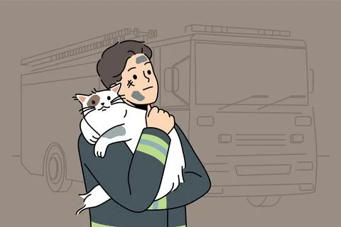 Man firefighter with cat heroically rescued from burning house stands near fire Stock Illustration