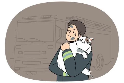 Man firefighter with cat heroically rescued from burning house stands near fire Stock Illustration