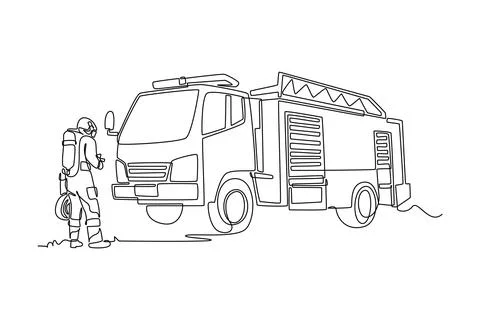 Man firefighter standing beside large fire engine truck Stock Illustration