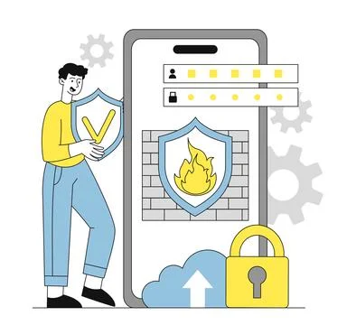 Man with firewall. Young arena with shield in hands near screen of huge Stock Illustration