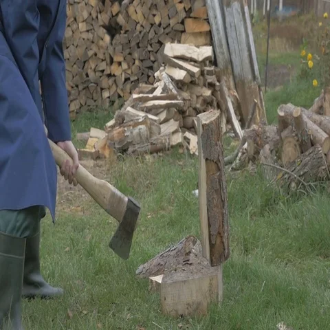 Man, firewood, axe, stack, chop, timber, time lapse, 4K Stock Footage 69521048