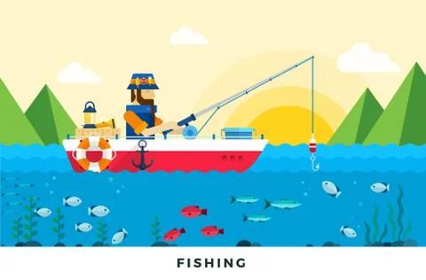 Man is fishing at dawn vector flat illustration. Stock Illustration
