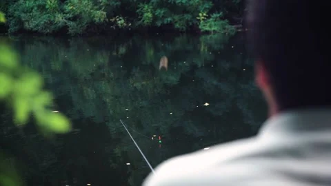 A man is fishing with a float rod on a landscape lake. fish bait. Видео 207784837