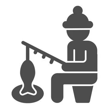 Man fishing on ice solid icon, Winter season concept, Winter activity sign on Stock Illustration