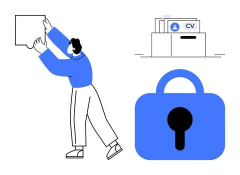 Man fitting puzzle piece alongside CV folder and padlock symbol イラスト素材