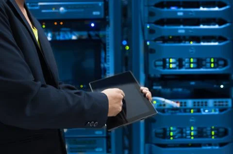 Man fix server network in data center room Stock Photos