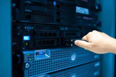 Man fix server network in data center room Stock Photos