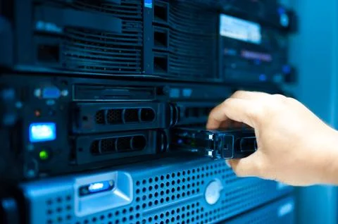 Man fix server network in data center room Stock Photos