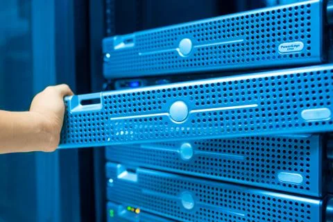 Man fix server network in data center room Stock Photos