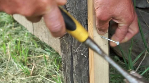 Man fixing a small pine wood board Stock Footage 312114395