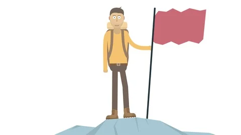 A man with a flag on top of a mountain. Achievement animation. Cartoon Stock Footage 130045862