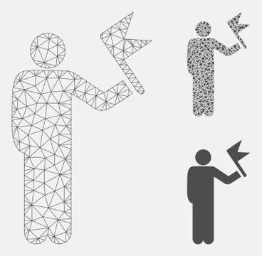 Man with Flag Vector Mesh Wire Frame Model and Triangle Mosaic Icon Stock Illustration