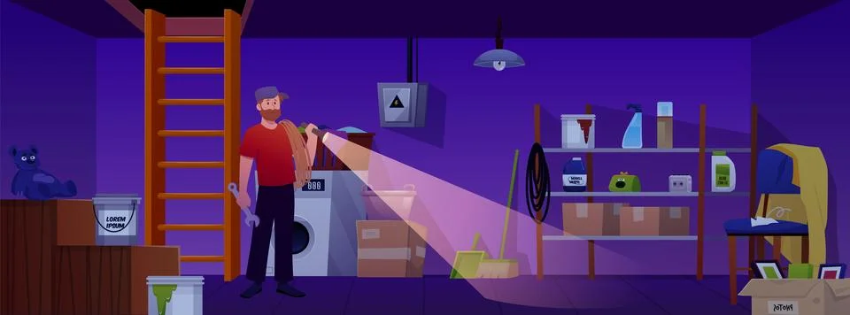 Man with flashlight in dark basement room, vector flat storage home cellar with Stock Illustration