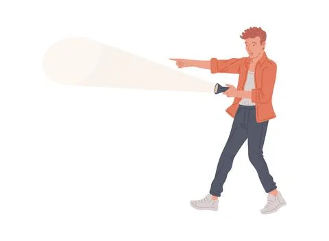 Man with a flashlight pointing the way, flat vector illustration isolated. 스톡 일러스트