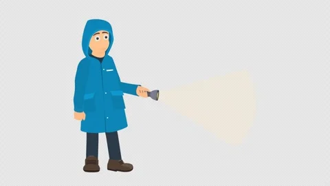 Man with a flashlight. Watchman in a raincoat shining a flashlight Stock Footage 247605607