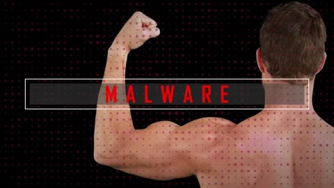 Man flexing right arm while security overlay sliding in spelling MALWARE white Stock Footage 323456216