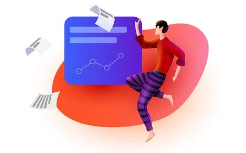 Man flies around business solution elements. Data analysis. Business analyst. Stock Illustration
