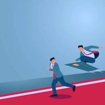 A man flies on a credit card while another runs, an illustration of competi.. Stock Illustration