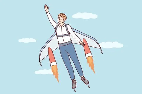Man flies up with help of jet wings for concept of career growth or business Stock Illustration