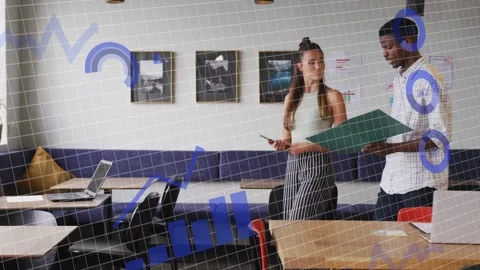 Man flipping folder and woman glancing phone in lounge, animated grid showing Stock Footage 333494537