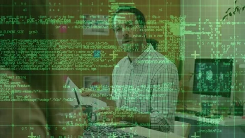 Man flipping papers, reacting to mug offer, turning and speaking while tech code Stock Footage 330980899