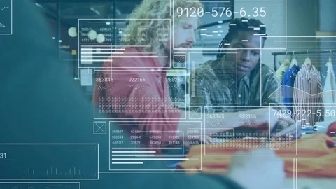 Man flipping swatch triggers two fashion pros comparing orange fabric, HUD data Stock Footage 333170322