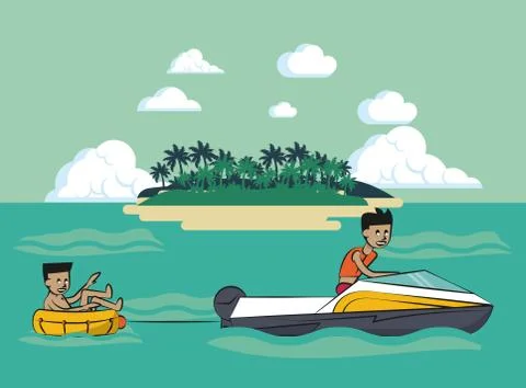 Man in float over sea Stock Illustration