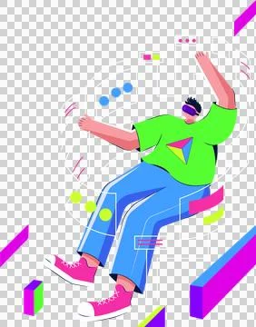 Man is floating in flat design wearing VR headset amid circular UI panels, Illustrazione stock