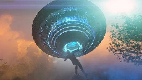 Man floating to inside of ufo alien ship.  Concept of alien abduction 3d render Stock Footage 114330228