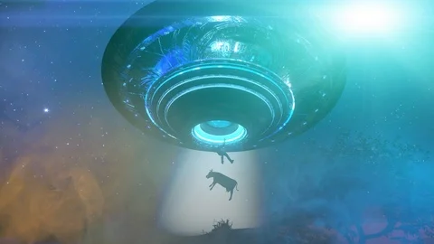 Man floating to inside of ufo alien ship.  Concept of alien abduction 3d render Stock Footage 114330325
