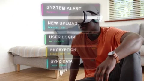Man on floor wearing VR headset, VR headset activating panels in tech demo, Stock Footage 333220034