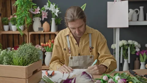 Man florist in apron writing an order with pen at a table surrounded by pot.. Stock Footage 337375787