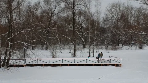 Man fly drone from remote control panel on winter snowy lake shore, take selfie Video stock 101789508