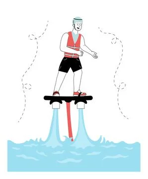 Man on flyboard. Young guy on board flies over water. Active lifestyle and Illustrazione stock
