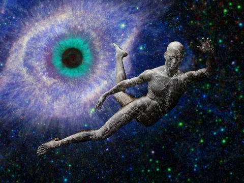 Man flying in deep space Man flying in deep space. Galaxy in eye shape Cop... 写真素材