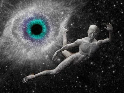 Man flying in deep space Man flying in deep space. Galaxy in eye shape Cop... 写真素材