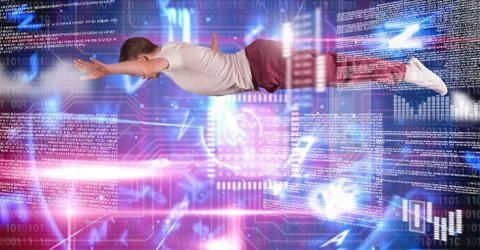 Man flying with digital numbers technology interface Stockfoto's