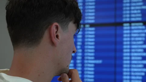 Man Focus on Flight Information Display Screen at Airport Video stock 329400710