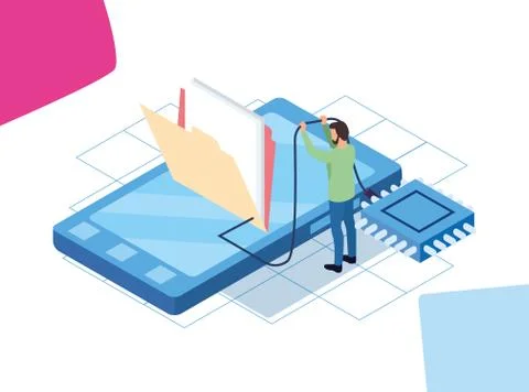 Man with folder and computer chip on smartphone device Illustrazione stock