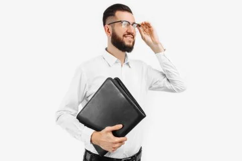 Man with a folder in his hands, on a white background, businessman with glass Stock Photos