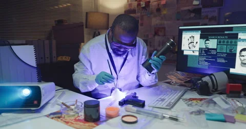 Man, forensics and dust gun for fingerprints, brush and uv light with tools for 스톡 동영상 314885475