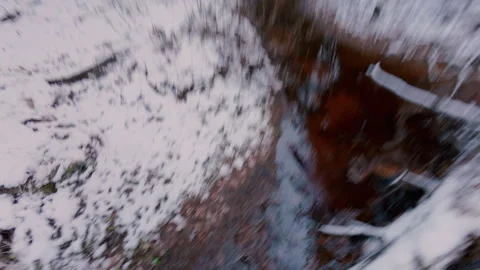 A man in the forest crosses a narrow stream on a log.From the first person. Stock Footage 321357988