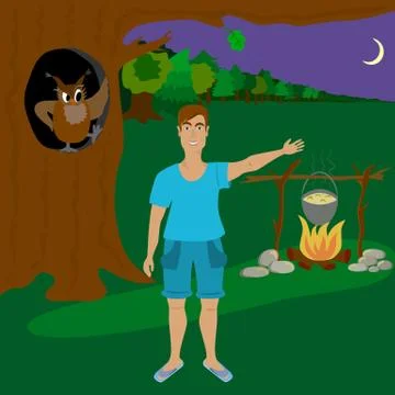 The man in the forest at night. 库存插图