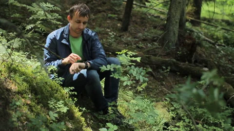 The man in the forest touc smartwatch. It sits on a small cliff green Stock Footage 64531243