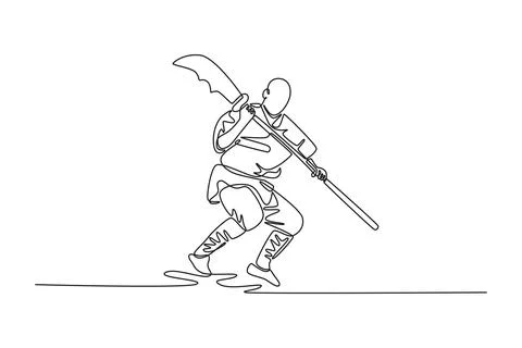 Man is in forward-moving stance, holding Guan Dao over his shoulder Stock Illustration